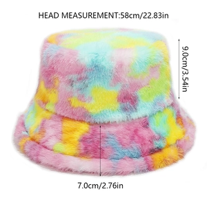Detail showing dimensions for tie-dye faux rabbit fur bucket hat with soft plush texture