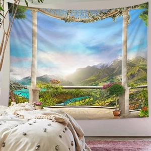 Detailansicht eines Wandteppichs mit europäischer Gartenlandschaft im Schlafzimmer