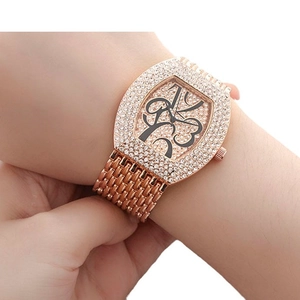 Luxury rose gold tonneau watch for women with sparkling rhinestones and artistic numerals