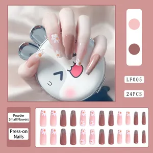 Detailed set of 24 long square press-on nails with matte brown and glitter floral designs