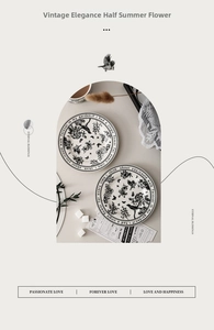 Detail of vintage ceramic plates with black and white floral pattern and English text