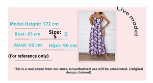 Size guide for floral summer beach dress featuring model measurements and fitting reference