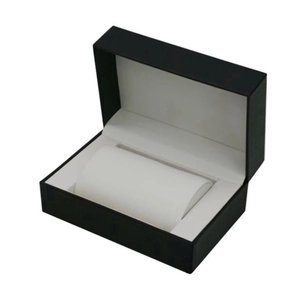Elegant black PU leather watch display box with soft beige interior cushion for storage