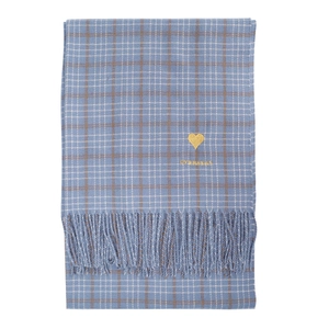 Blue plaid winter scarf with fringe, heart embroidery and overseas text on white background