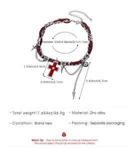 Detailed view of punk cross choker showing zinc alloy chains and size dimensions