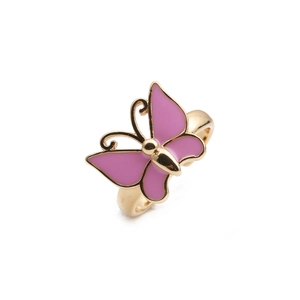 Detailed view of golden butterfly open ring with pink enamel wings and metal body