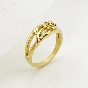 French vintage stainless steel ring featuring a gold 3D rose flower with textured band
