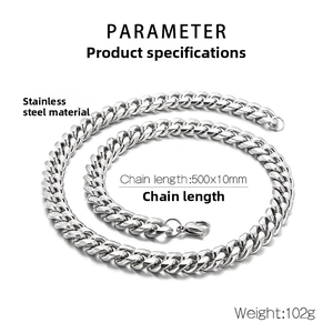 Detailed specs of silver stainless steel Cuban chain necklace with 10mm width and 102g weight