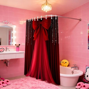 Détail du rideau de douche rouge à nœud festif avec texture velours dans la salle de bain