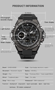 Specifiche dettagliate del prodotto per l'orologio sportivo impermeabile SANDA 6008 a doppio display