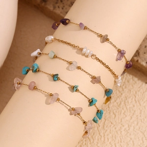 18K gold plated stainless steel anklet set with colorful natural stone chips and pearls