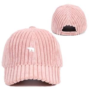 Pink corduroy baseball cap featuring a white polar bear embroidery in dual display