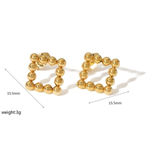 Detail view of 15.5mm 18k gold plated stainless steel square beaded earrings
