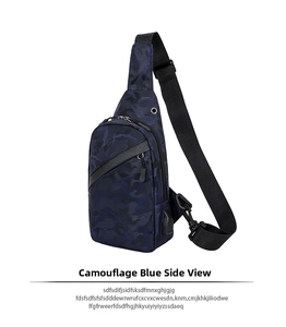 Detail der blauen Herren-Brusttasche mit USB-Ladeanschluss und schrägem Reißverschluss