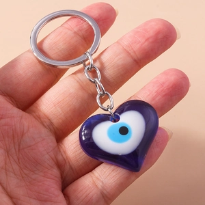 Blue Evil Eye heart keychain with silver metal ring and protective charm pendant