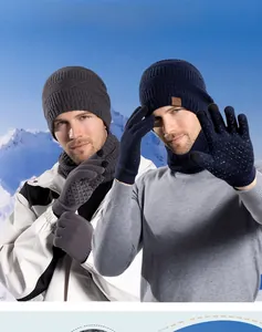 Winter knit set detail featuring beanie, scarf, and touchscreen gloves in high density wool