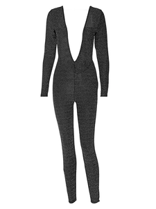 Detail view of sparkly deep V-neck long sleeve romper in dark grey glitter fabric