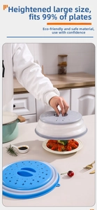 Collapsible microwave splat cover showing height adjustment and food storage usage
