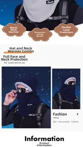 Close-up of winter hooded face mask with adjustable drawstring and fleece lining detail