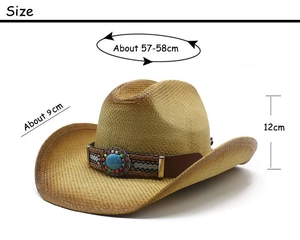 Detailed view of straw cowboy hat featuring blue turquoise stone and colorful beadwork