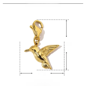 Detailed technical diagram of hummingbird pendant with size dimensions and gold finish