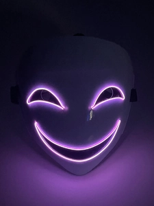 LED glowing purple smile clown mask for Halloween with minimalist neon light design