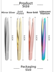 Size specifications for 9.6cm stainless steel tweezers in silver, gold, and rose gold