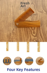 Macro detail of foldable green sandalwood comb showing smooth teeth and metal screw axis