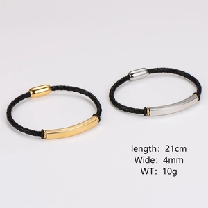 Close-up of woven leather bracelets with magnetic clasps showing 21cm length and 4mm width