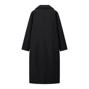Back view of black wool double-breasted coat with wide lapels and middle back vent