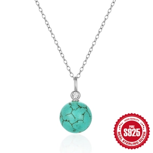 Elegant S925 sterling silver necklace with a spherical turquoise stone and sparkling zircon