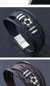 Detail of woven leather bracelets with silver soccer charms in navy blue and brown colors