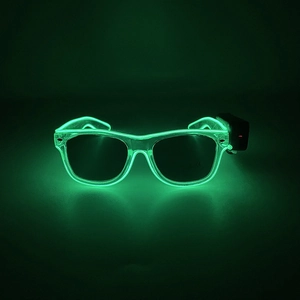 Green LED glowing glasses with external battery controller in dark party setting