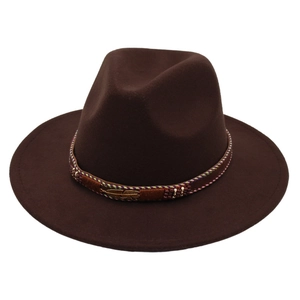 Dark brown wide brim wool fedora hat with vintage metal feather charm and woven band