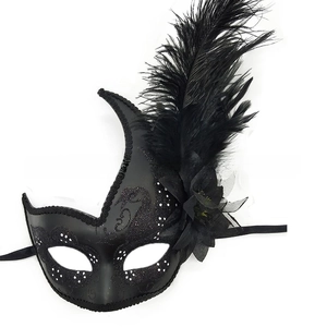 Dettaglio della maschera per travestimento con piume nere e motivi glitterati