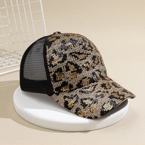 Vintage sequin leopard print baseball cap with breathable mesh back on display stand