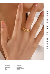 Detailed close-up of 18K gold-plated stainless steel chain link ring on a finger