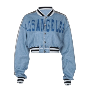 Blue denim short cropped baseball jacket with Los Angeles text and long sleeves