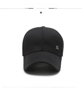 Front view of black twill cotton baseball cap featuring a silver SR metal logo ornament