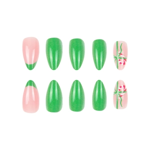 Mandelformige Weihnachts-Klebenägel mit grünen French Tips und Zuckerstangen-Design
