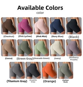 Detailed grid showing fourteen different vibrant colors of high-waist yoga shorts