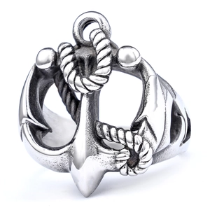 Vintage silver nautical anchor ring in stainless steel with rope detail for men and women