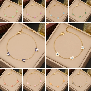 Stainless Steel Heart Evil Eye Bracelet Enamel Dripping Oil Gold Plated Adjustable Chain Fashion Jewelry Women