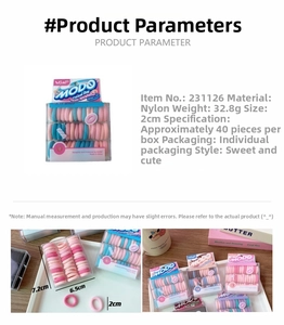 Detail view of 2cm nylon hair ties in macaron colors with packaging box dimensions