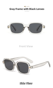 Detail view of grey rectangle sunglasses with gold accents and dark lenses