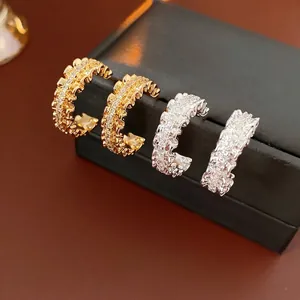 C-Shape Hoop Stud Earrings With Silver Earring Post Wavy Textured Copper Zircon Elegant Light Luxury Fashion For Women