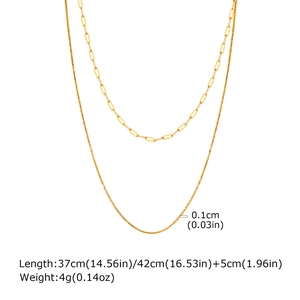 Detail of gold layered necklace showing paperclip chain and 0.1cm fine chain dimensions