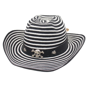 Handwoven straw cowboy hat with black and white stripes and metal skull decoration