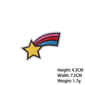 Detailed embroidery patch showing a colorful shooting star design with exact size markings