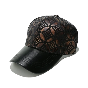 Detail of vintage geometric bronze patterns and black leather brim on a baseball cap